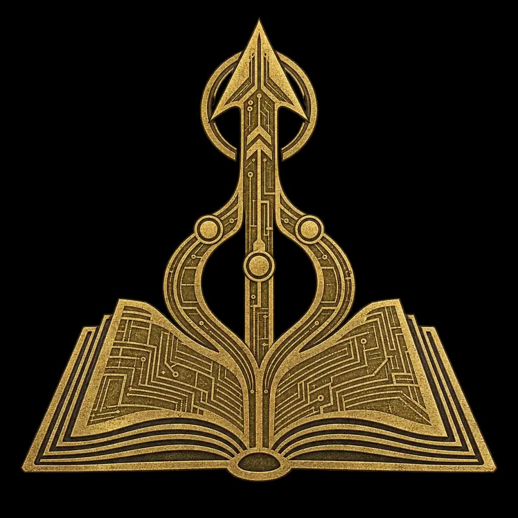 Etched brass field manual with converging circuits, representing teaching and execution