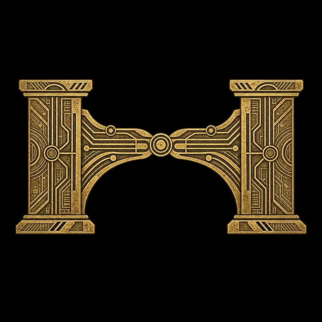 Etched brass bridge joining two circuit pillars, representing communication and translation