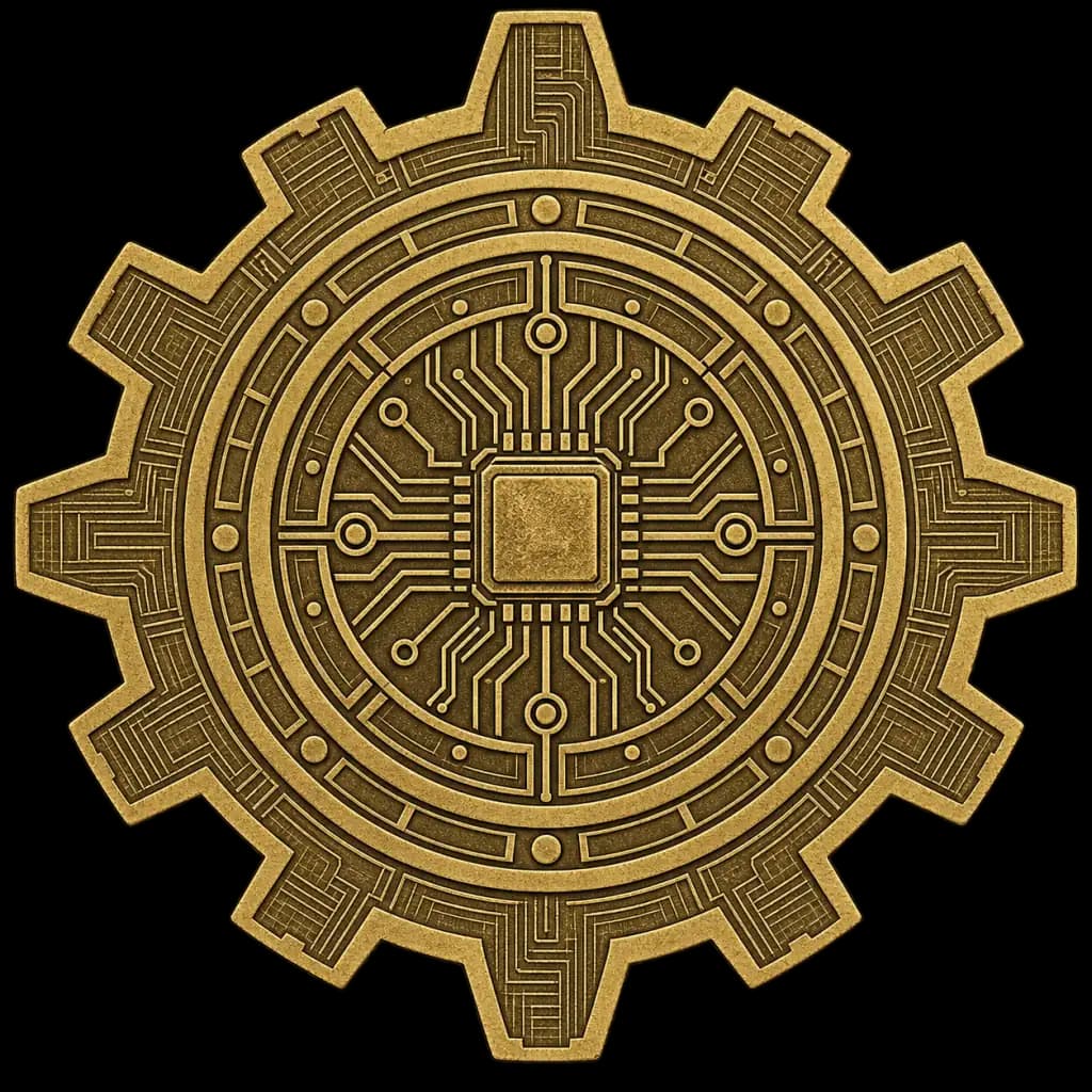 Etched brass processor with radial circuits, representing analysis and diagnosis